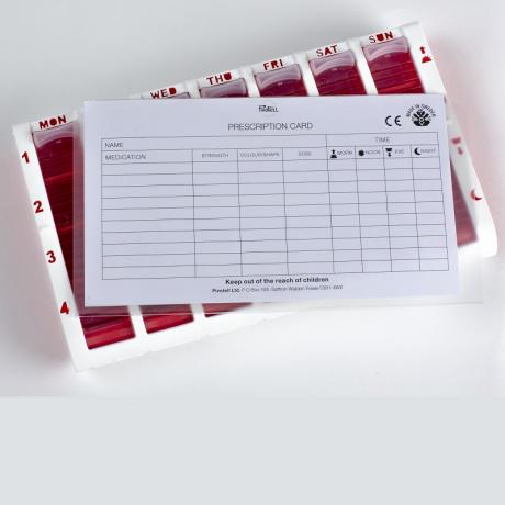 Large red pill box with prescription card 